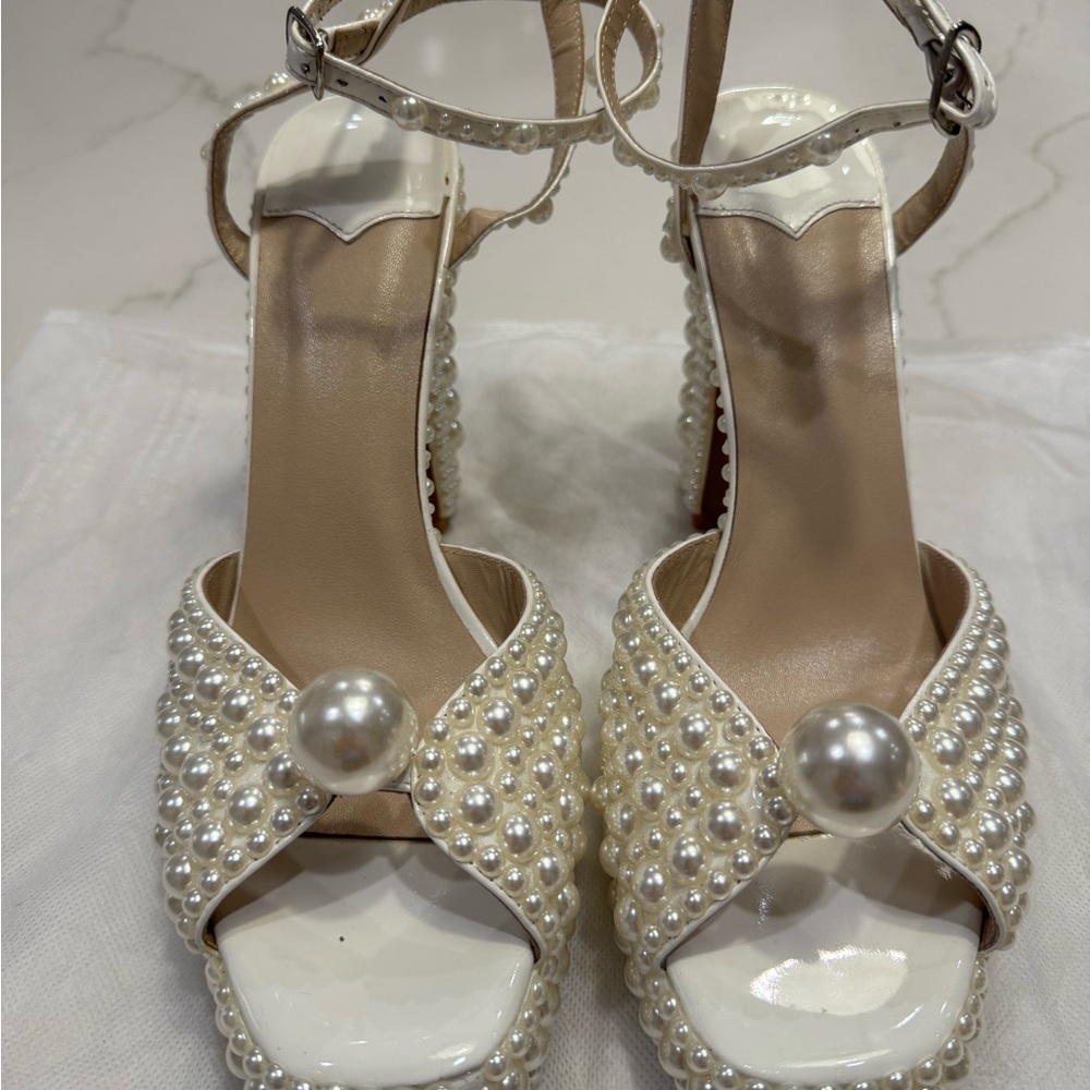 Elegant Pearl-Embellished White Heels
